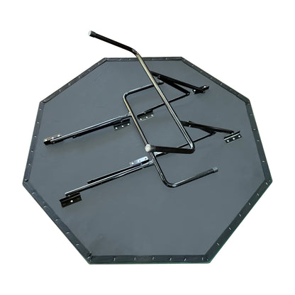 Folded leg mechanism and frame detail under foldable 8 player poker table for sturdy setup and storage