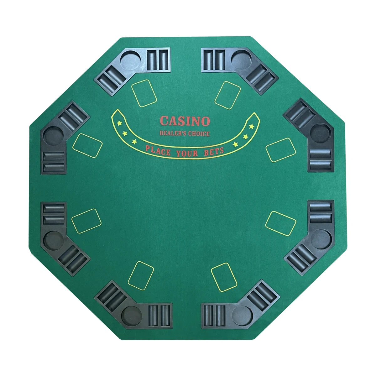 Top view of 8 player foldable poker table with built in cup holders and chip trays, octagonal green felt