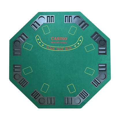 Top view of 8 player foldable poker table with built in cup holders and chip trays, octagonal green felt