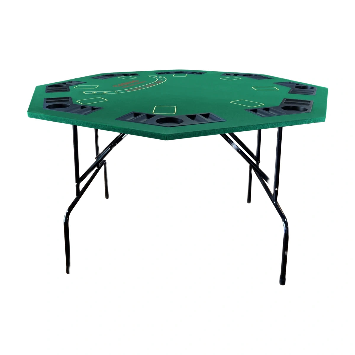 Foldable octagonal poker table with green felt top and 8 player cup holders on white background