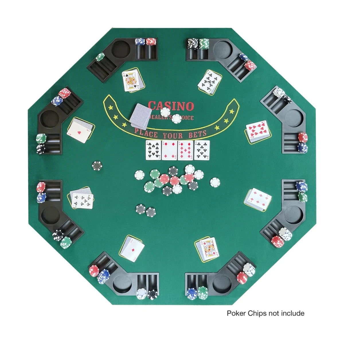 8 player octagonal poker table setup with playing cards and poker chips shown, chips not included