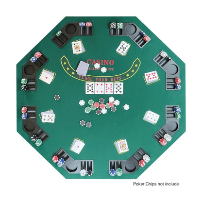 8 player octagonal poker table setup with playing cards and poker chips shown, chips not included