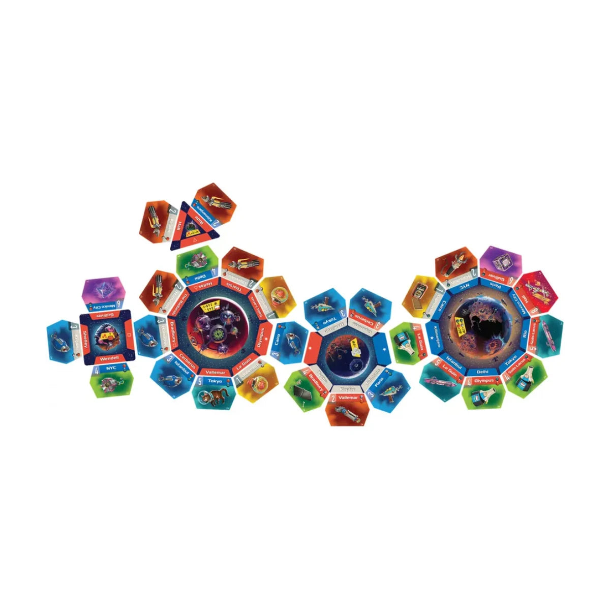 Junk Orbit multiplayer setup with location boards, ship cards, tokens and junk tiles