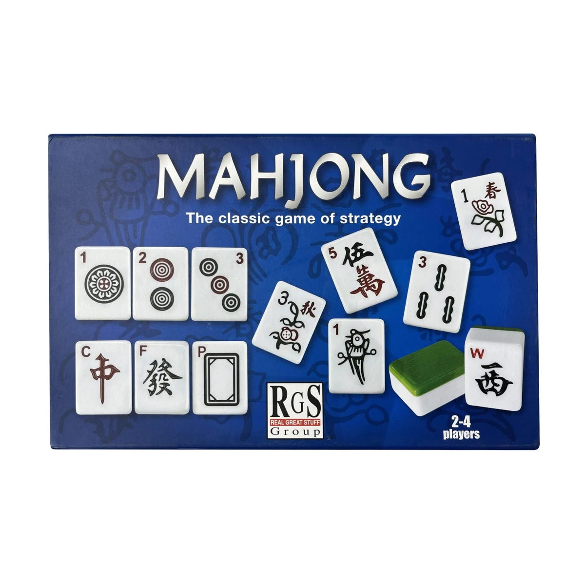 Mahjong strategy game set box showing tile types and contents, 144 tiles with guide