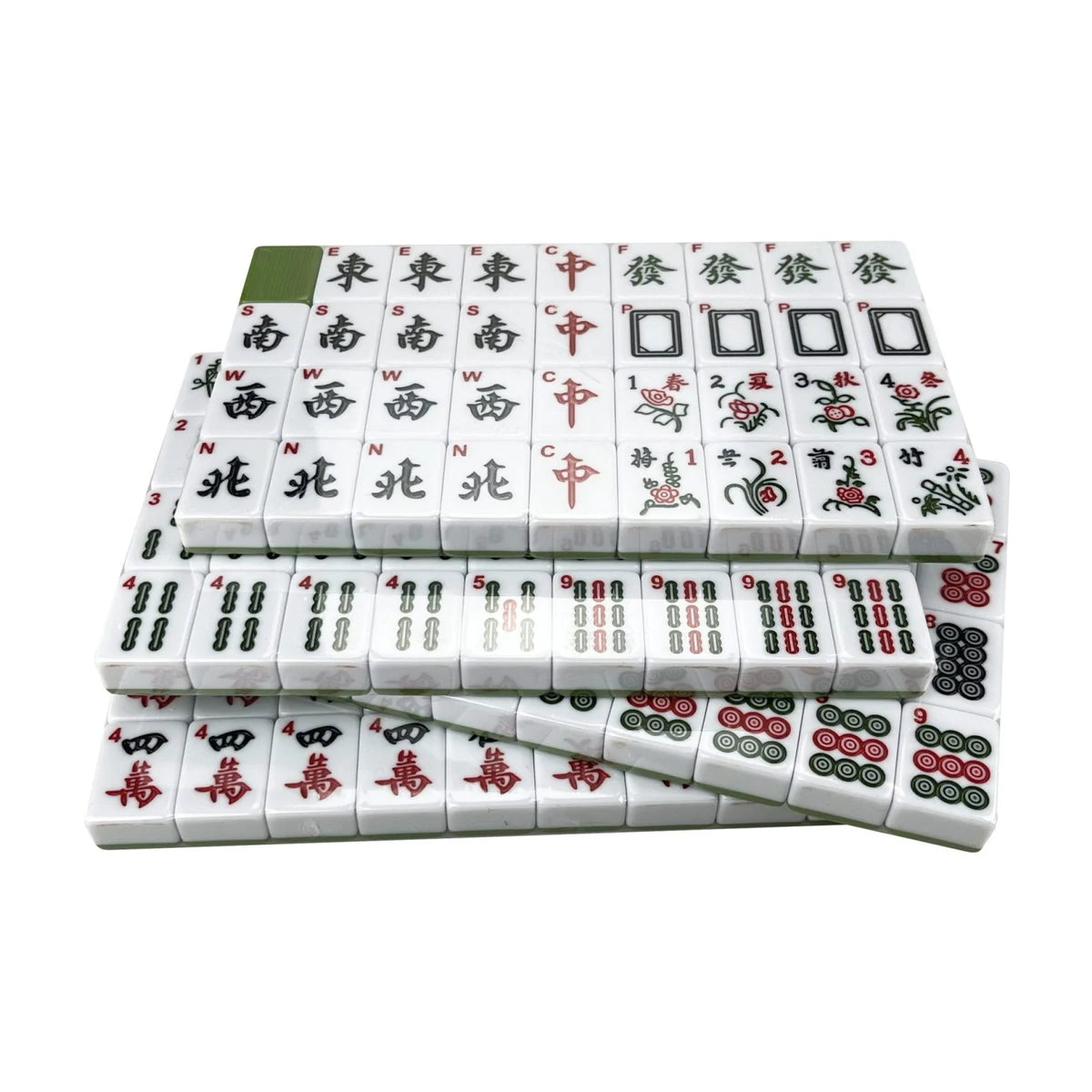 Close-up stacked Mahjong tiles with green backs, durable tiles for smooth play