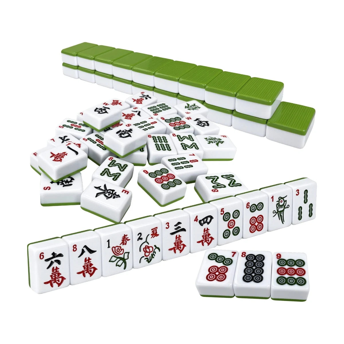Mahjong tiles spread out showing suits and symbols, classic Chinese strategy tile game