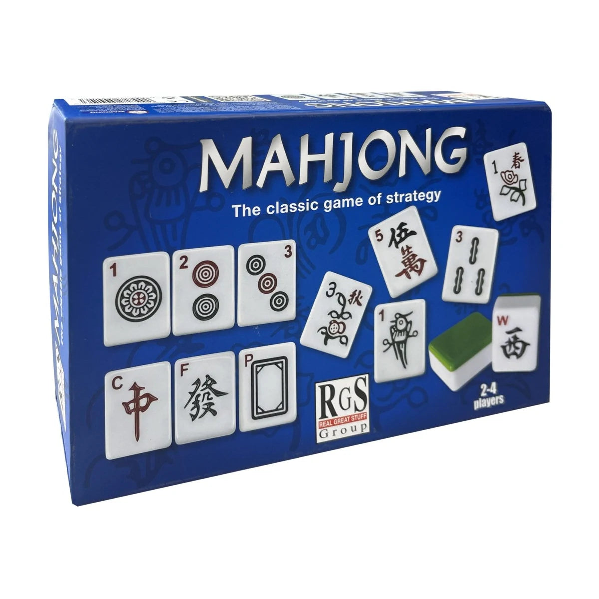 Mahjong set retail box angled view, 144-tile strategy game with instructions