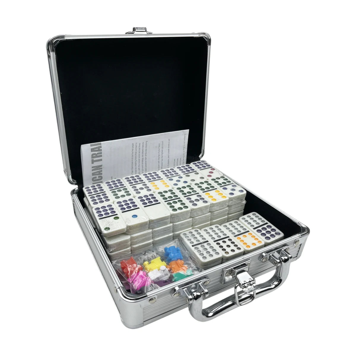 Mexican Train Dominoes game set in aluminium carry case with colorful double-12 domino tiles and train markers