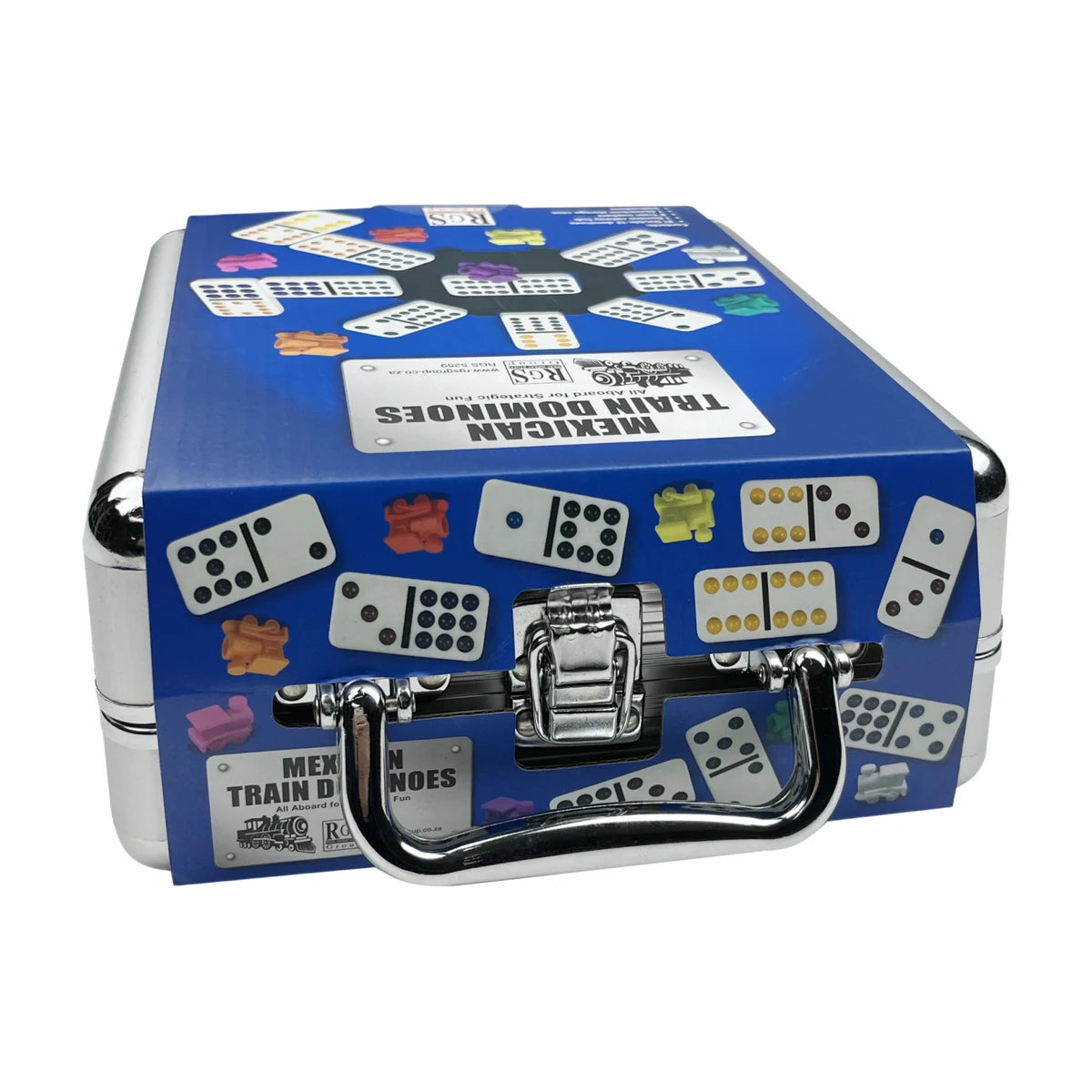 Mexican Train Dominoes aluminium case with blue sleeve cover, handle and latch – travel-ready family domino game set