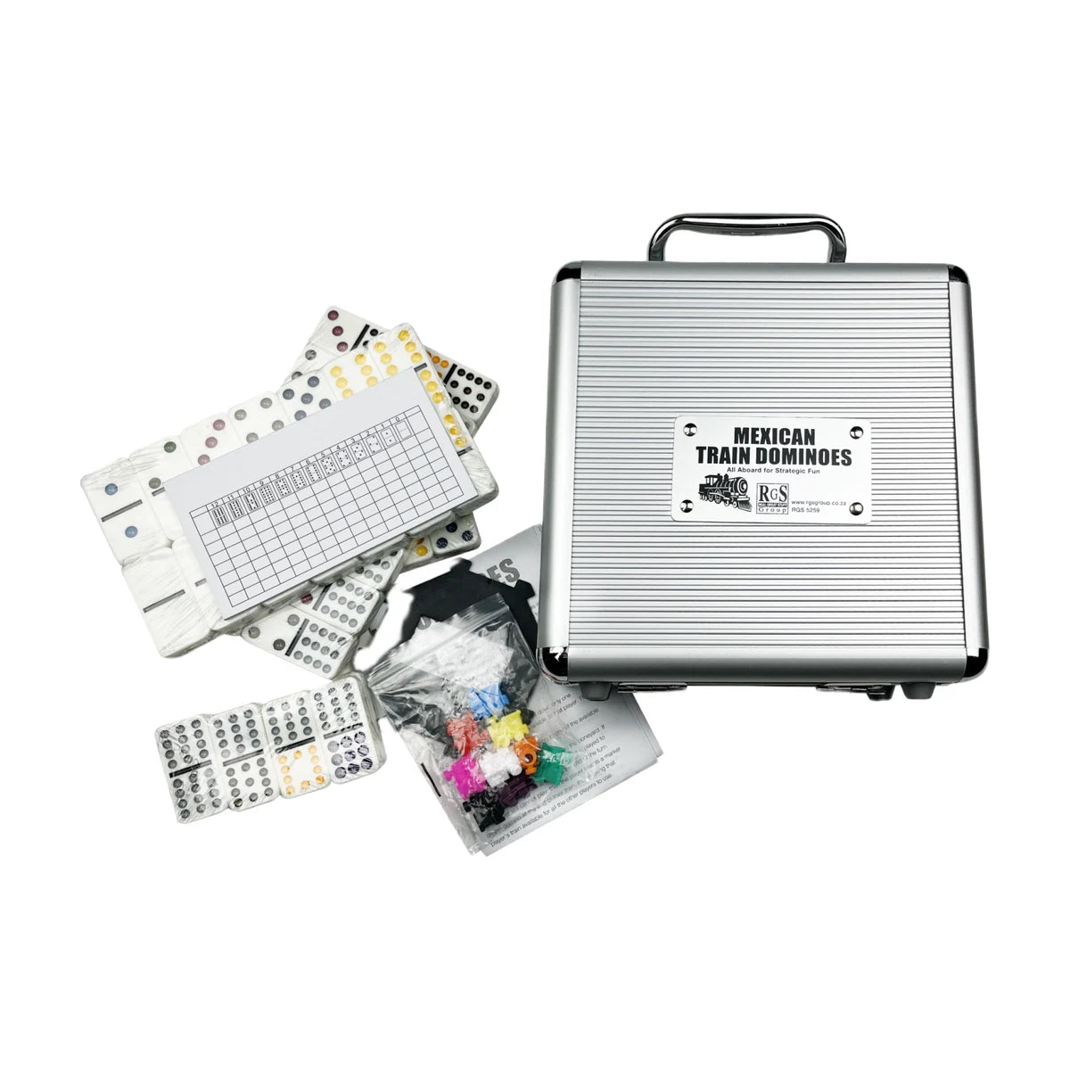 Mexican Train Dominoes full set contents laid out – aluminium storage case, double-12 dominoes, score pad, train markers and instructions.