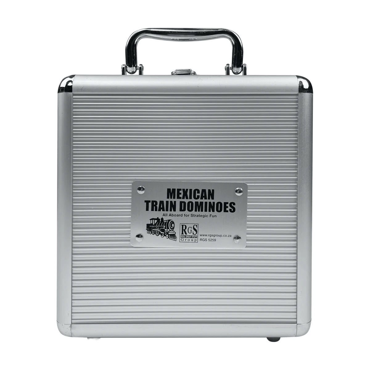 Mexican Train Dominoes aluminium storage case front view with “Mexican Train Dominoes” label and handle