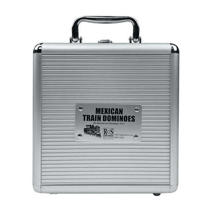 Mexican Train Dominoes aluminium storage case front view with “Mexican Train Dominoes” label and handle