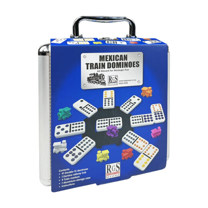 Mexican Train Dominoes game in aluminium case with blue cover artwork – complete double-12 domino set for 2 to 8 players
