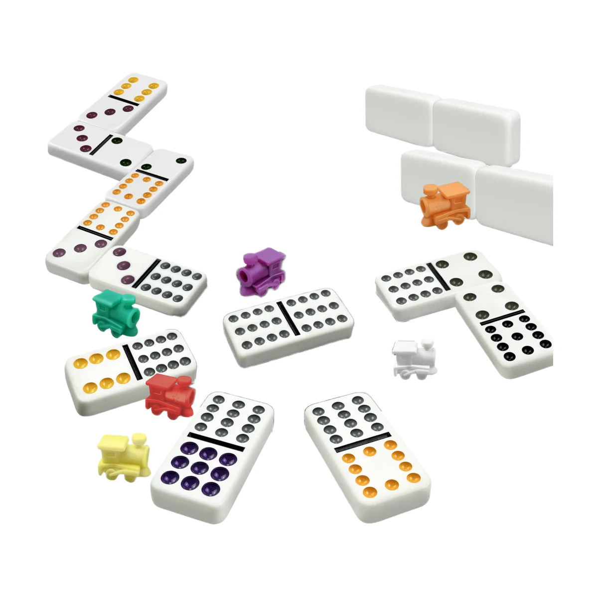 Mexican Train Dominoes gameplay setup with domino railway hub, trains and double-12 tiles – strategy family game night