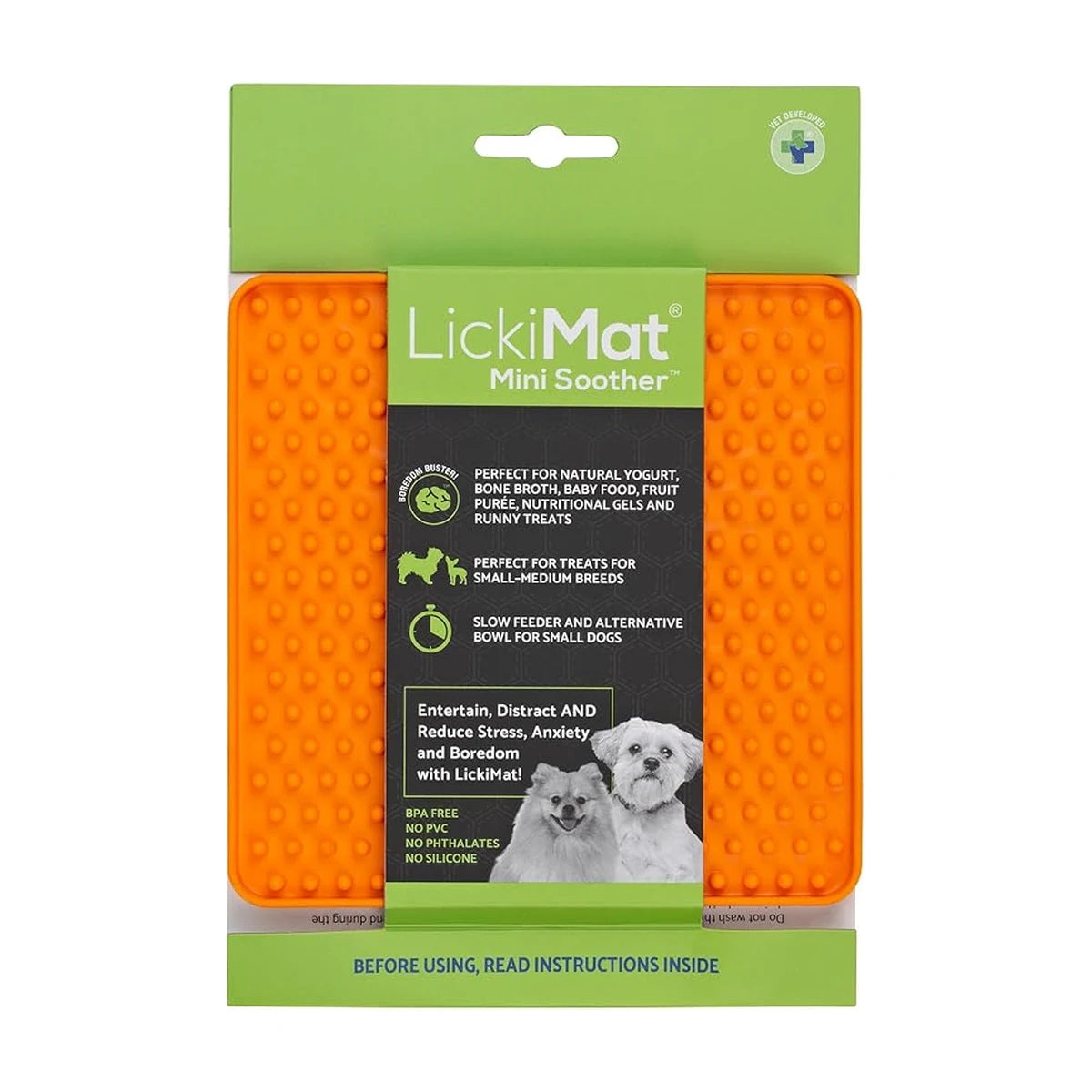 LickiMat Mini Soother orange lick mat in retail packaging calming slow feeder for dogs and cats