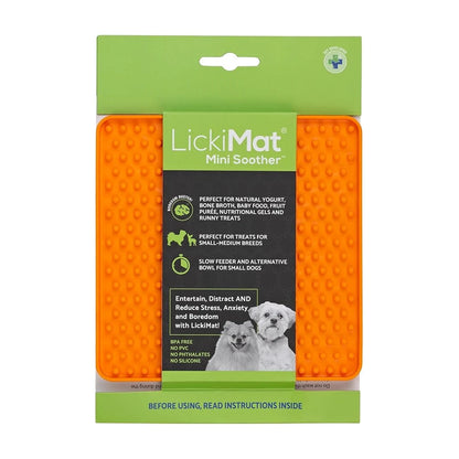 LickiMat Mini Soother orange lick mat in retail packaging calming slow feeder for dogs and cats