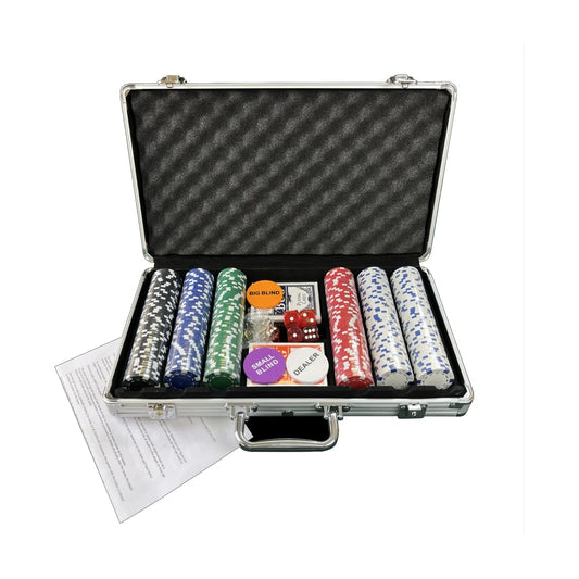 300-piece poker chip set in aluminium carry case, open with chips inside