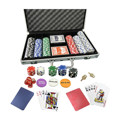 Complete 300-piece poker set layout with chips, cards, dice and dealer buttons