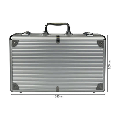 Aluminium poker case size guide showing case dimensions for storage and travel