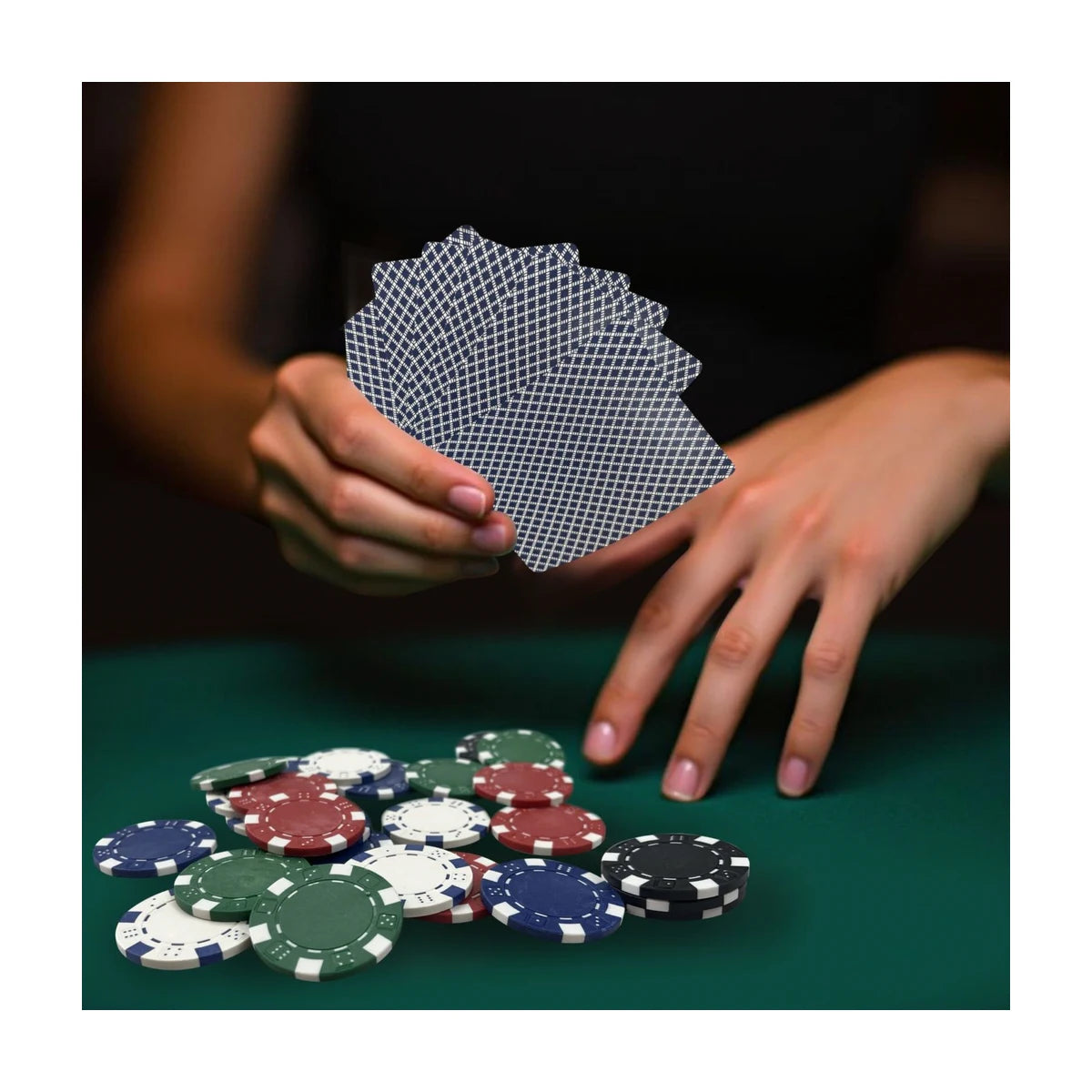 Poker game night scene with playing cards and chips on green table