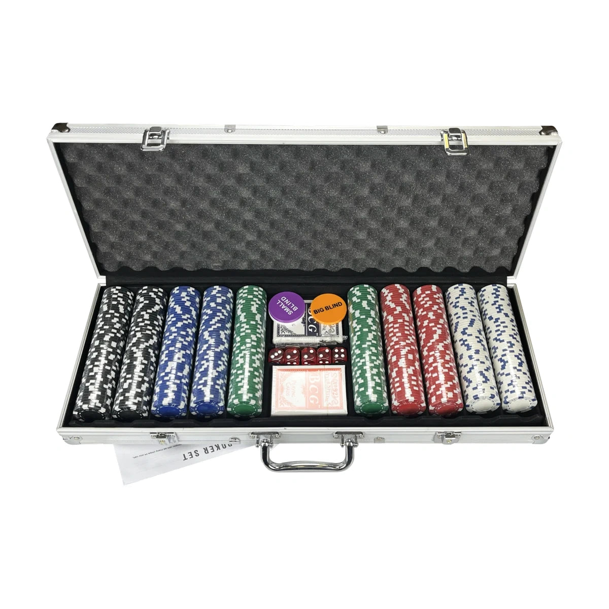 500-piece poker chip set in aluminium carry case, open case with chips, cards and accessories