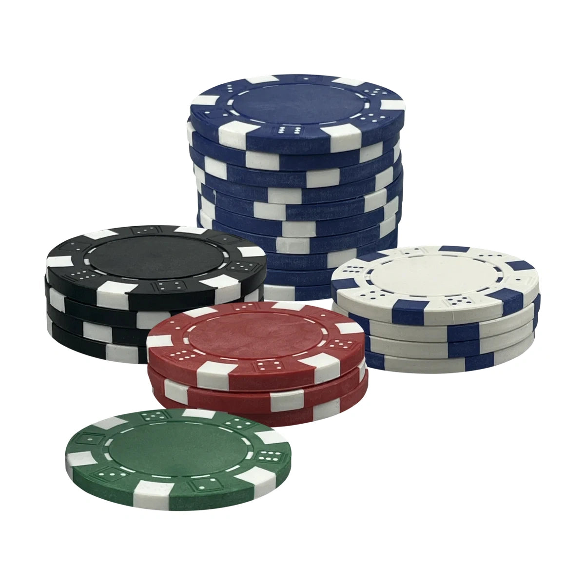 casino-style poker chips close-up for 500 piece poker set, multicolor chip stacks
