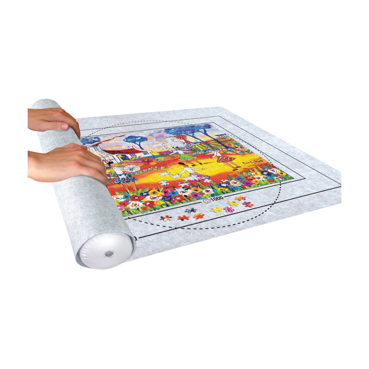 Rolling up an in-progress jigsaw puzzle on felt roll-up mat to store safely