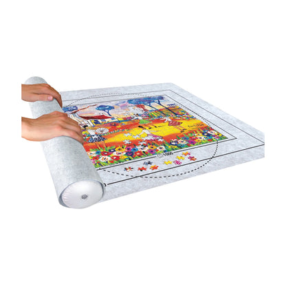 Rolling up an in-progress jigsaw puzzle on felt roll-up mat to store safely