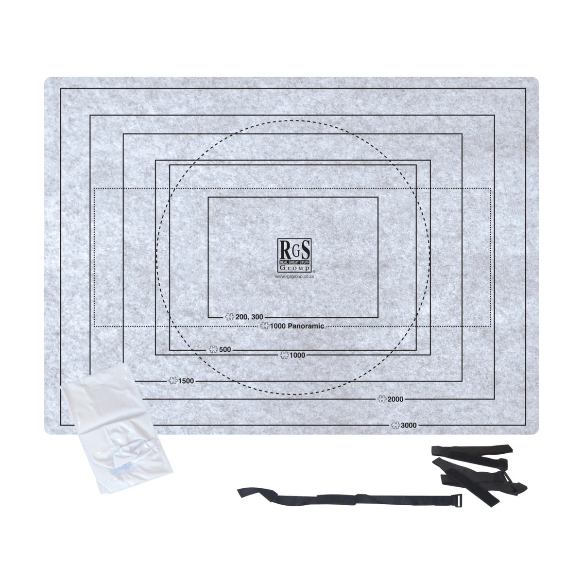 Large jigsaw puzzle mat layout showing puzzle size zones and included securing straps