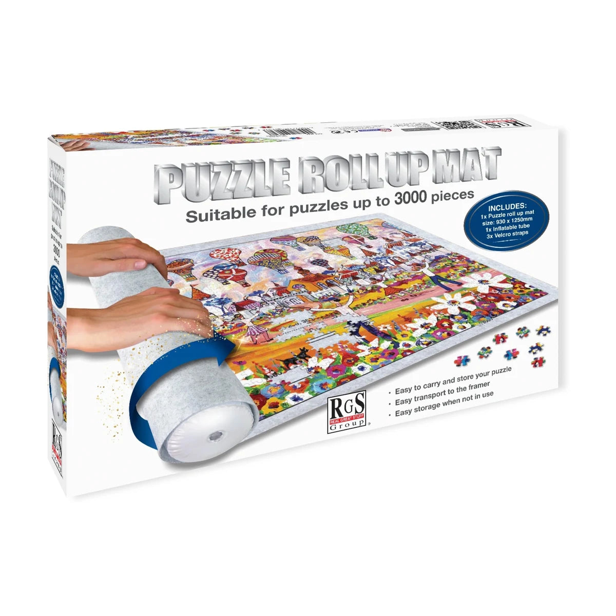 Puzzle roll up mat product box showing storage and transport use for up to 3000 piece puzzles