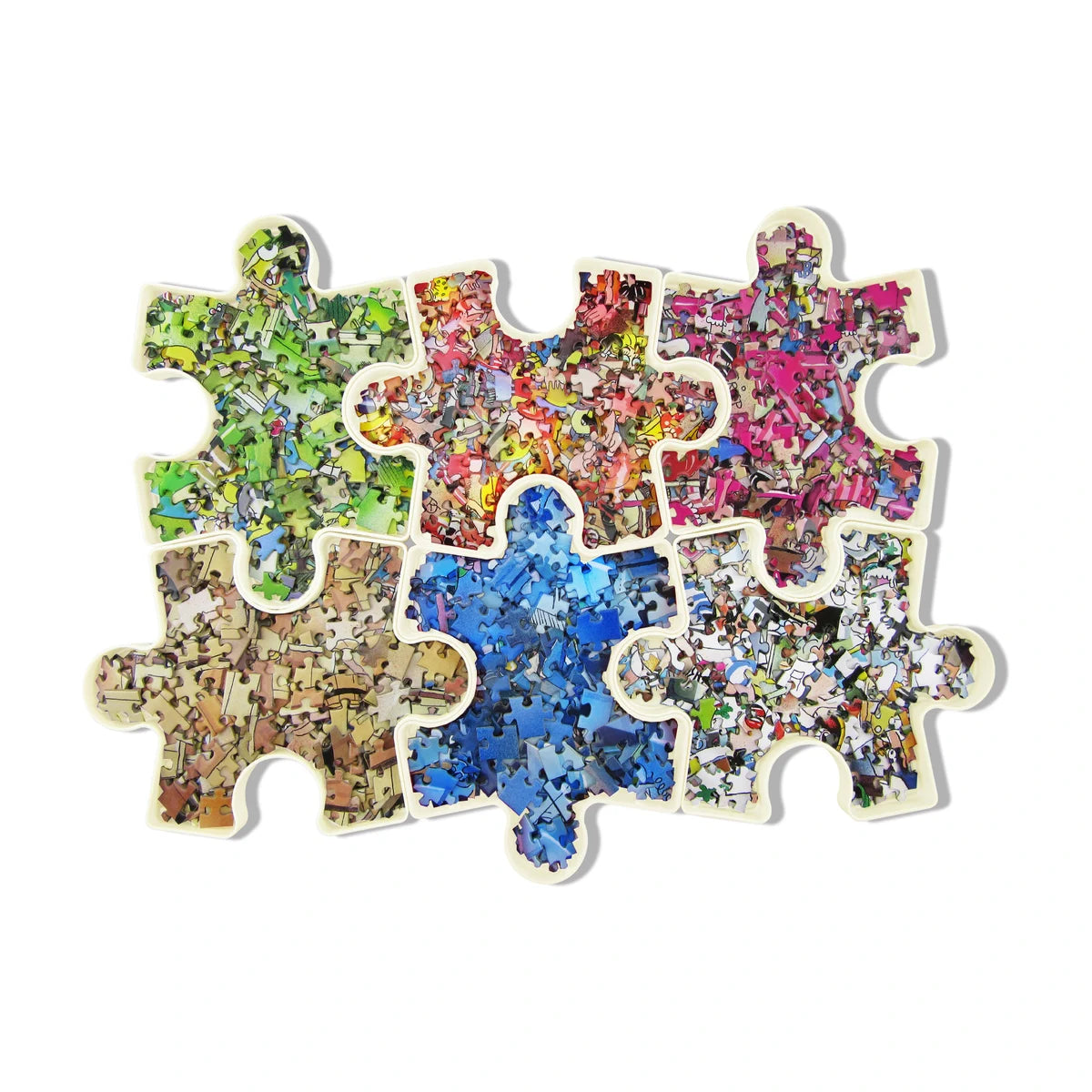 Connected puzzle sorting trays showing organized jigsaw pieces by colour on clean white background