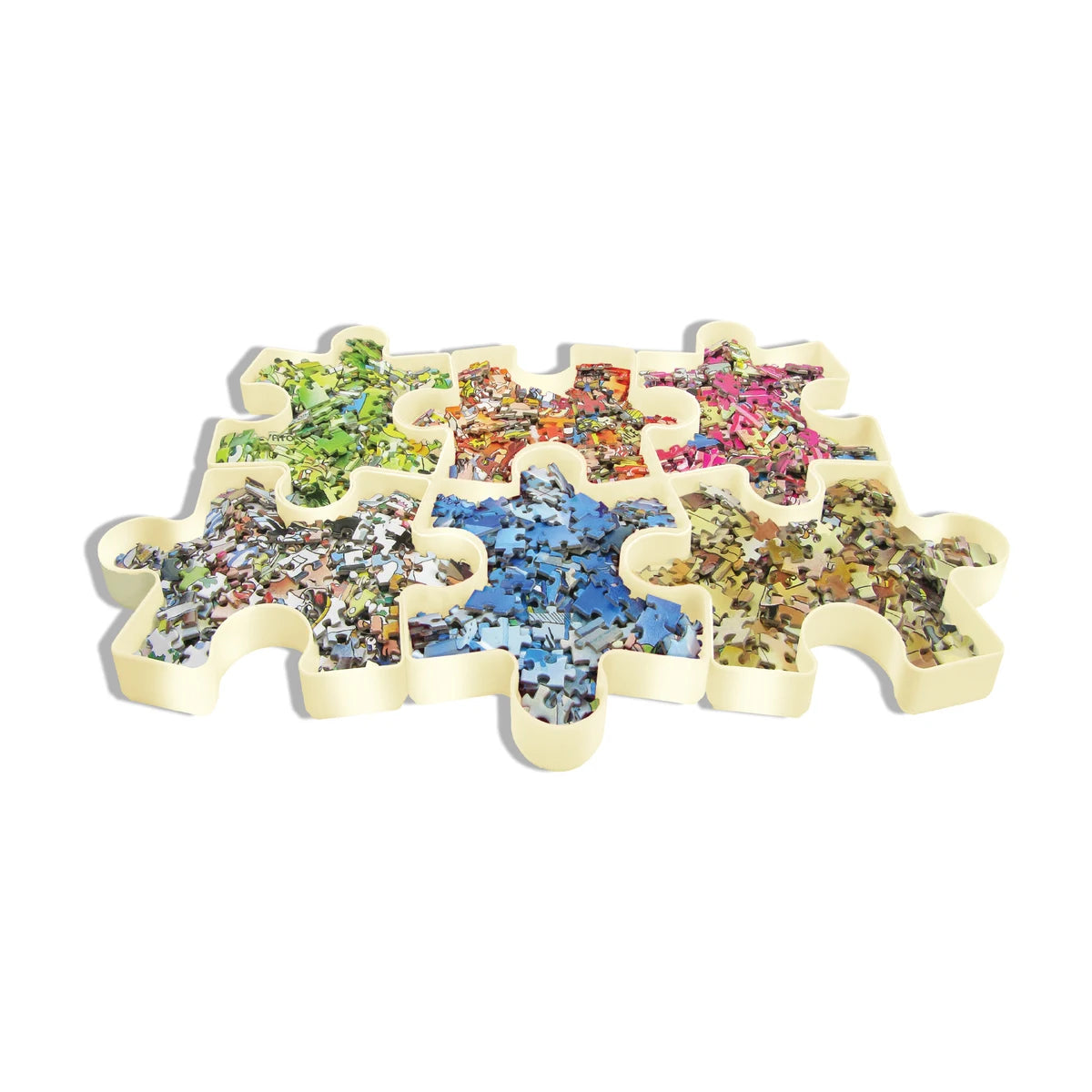Six interlocking puzzle sorting trays holding jigsaw pieces by colour for faster sorting and edge finding