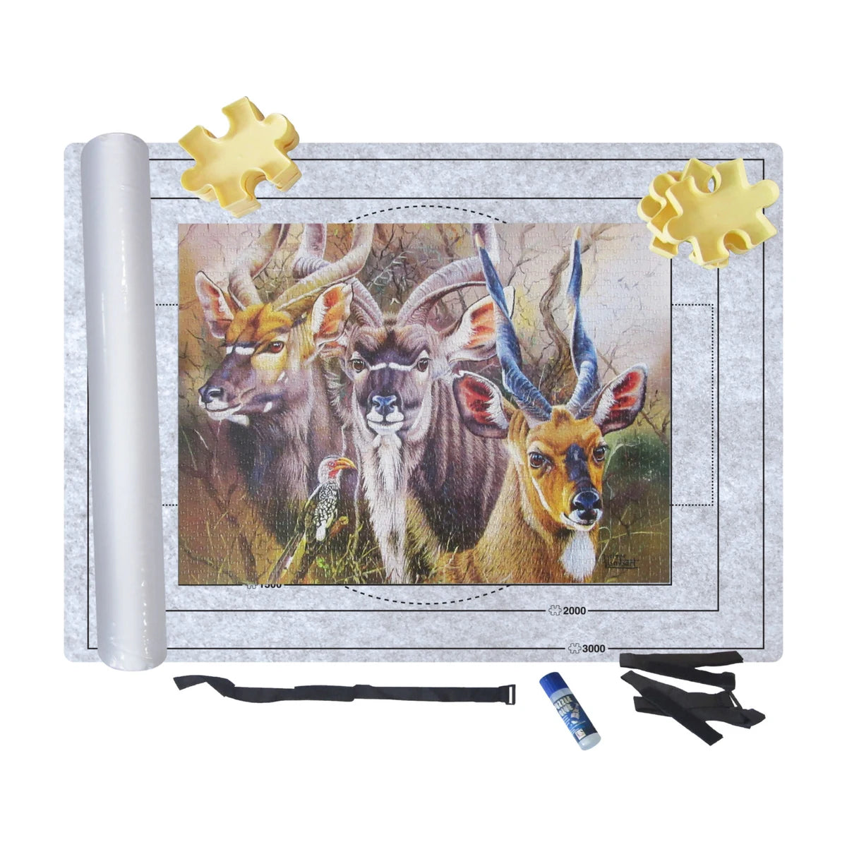 Puzzle roll-up felt mat shown with a jigsaw puzzle in progress and accessory pieces on the mat