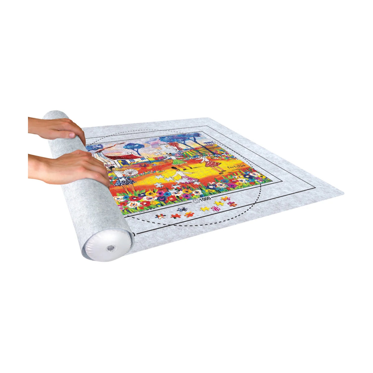 Hands rolling up a jigsaw puzzle on a felt puzzle mat for safe storage and transport