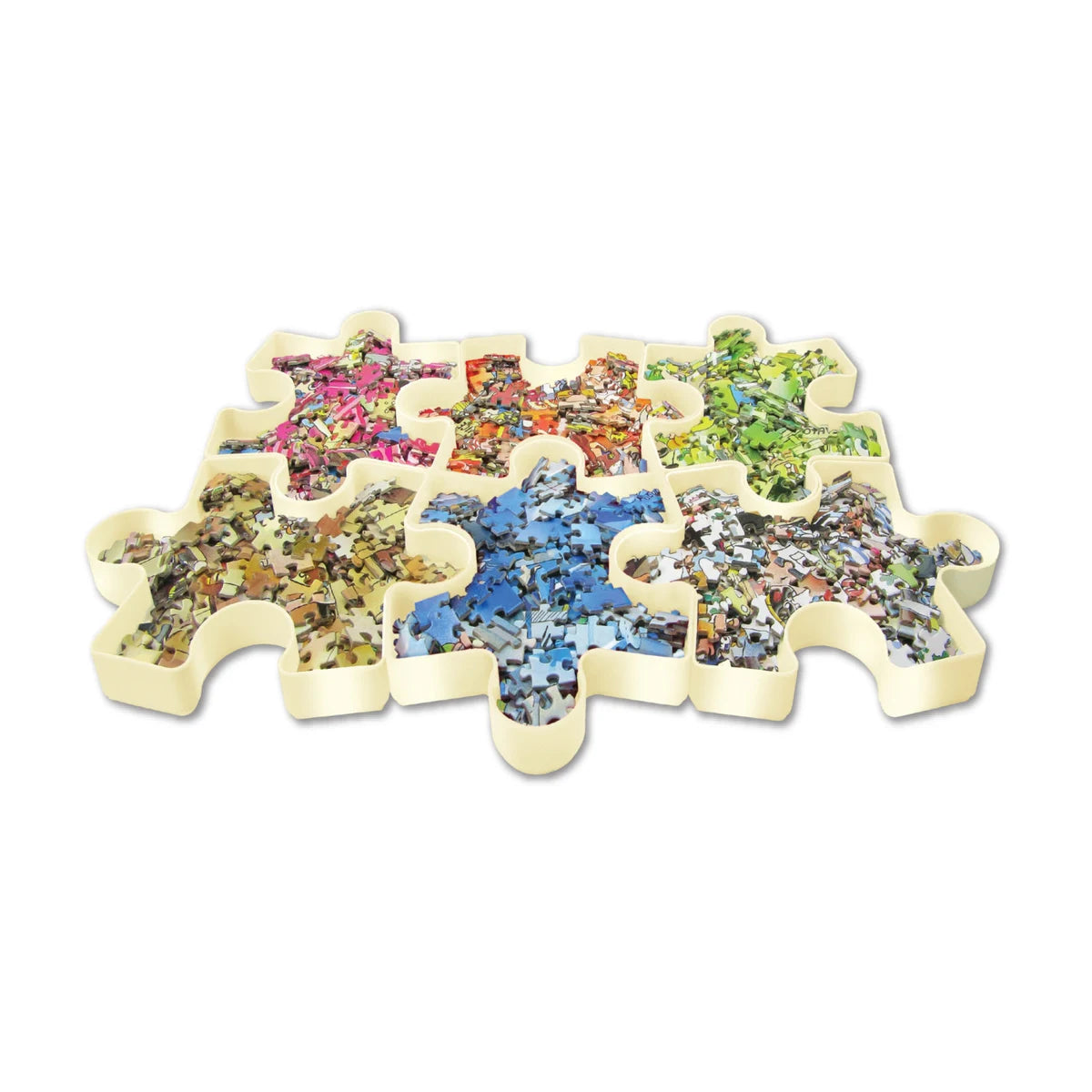 Six interlocking puzzle sorting trays filled with jigsaw pieces for fast organizing