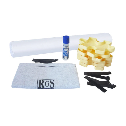 Puzzle roll-up mat kit with sorting trays, straps, inflatable tube and puzzle glue on white background