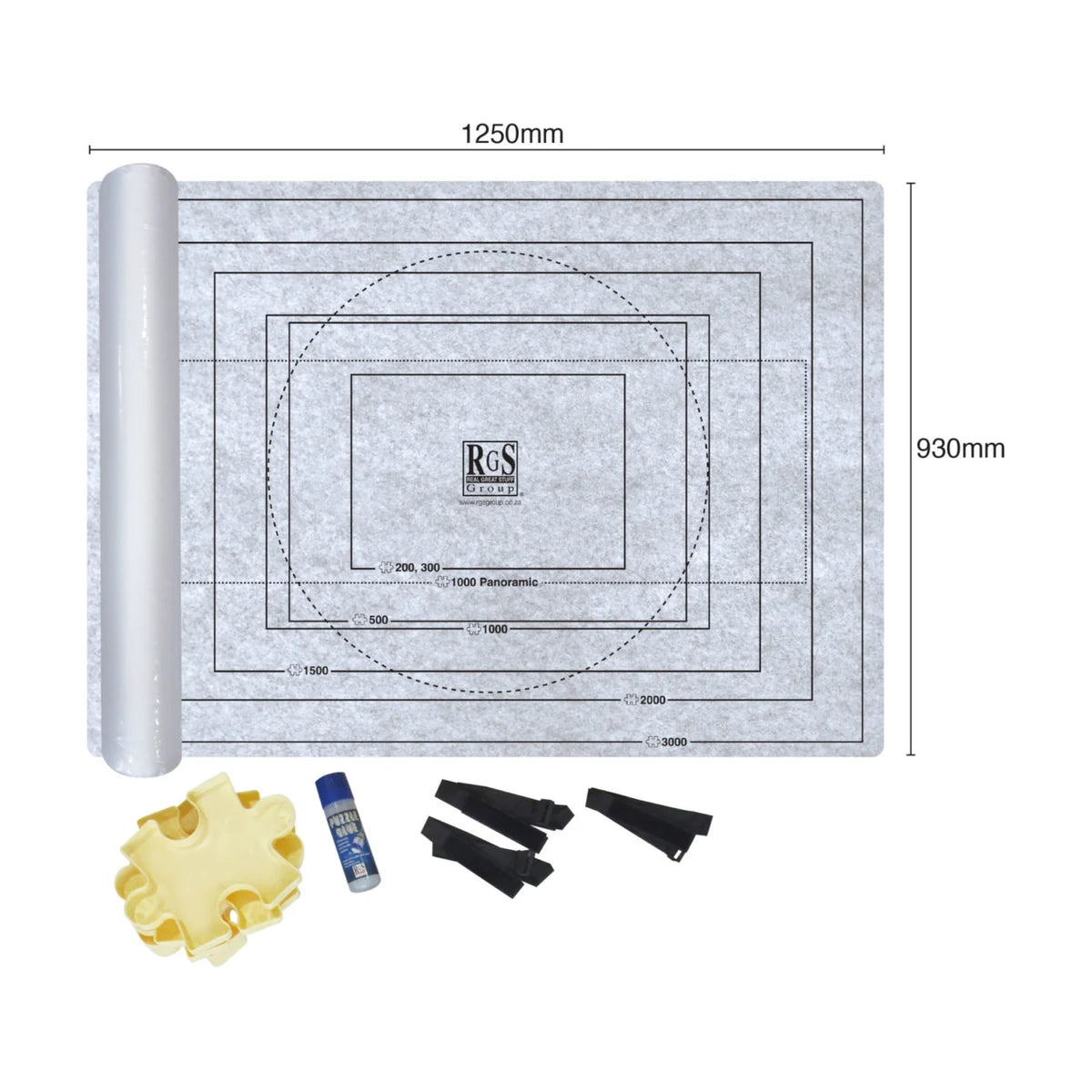 Puzzle mat size diagram showing 1250mm by 930mm layout for up to 1500-piece puzzles