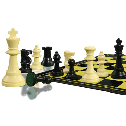 Tournament size chess set with Staunton pieces and hinged chessboard, 9cm king on white background