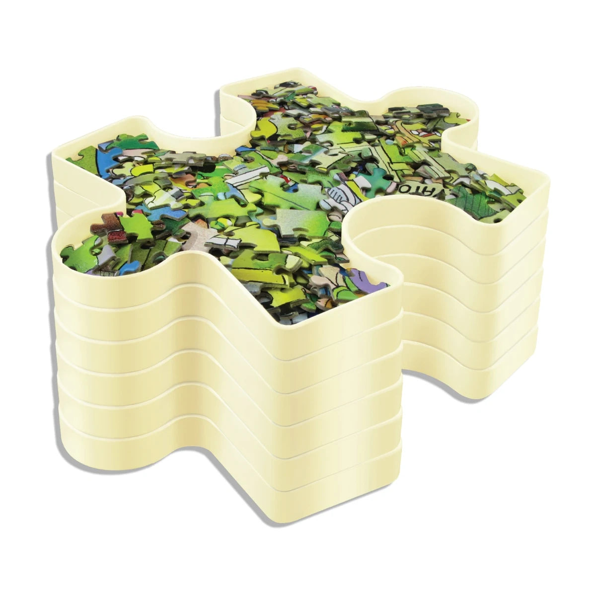 Stackable puzzle sorting tray filled with jigsaw pieces on white background (puzzle piece organizer)