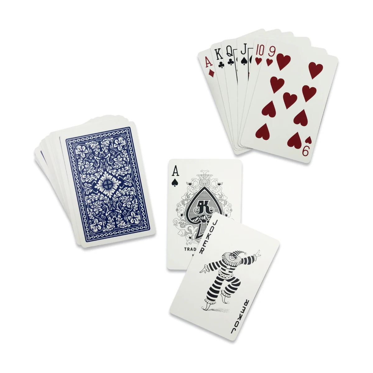 Bridge size playing cards showing face cards and joker, classic deck for game night