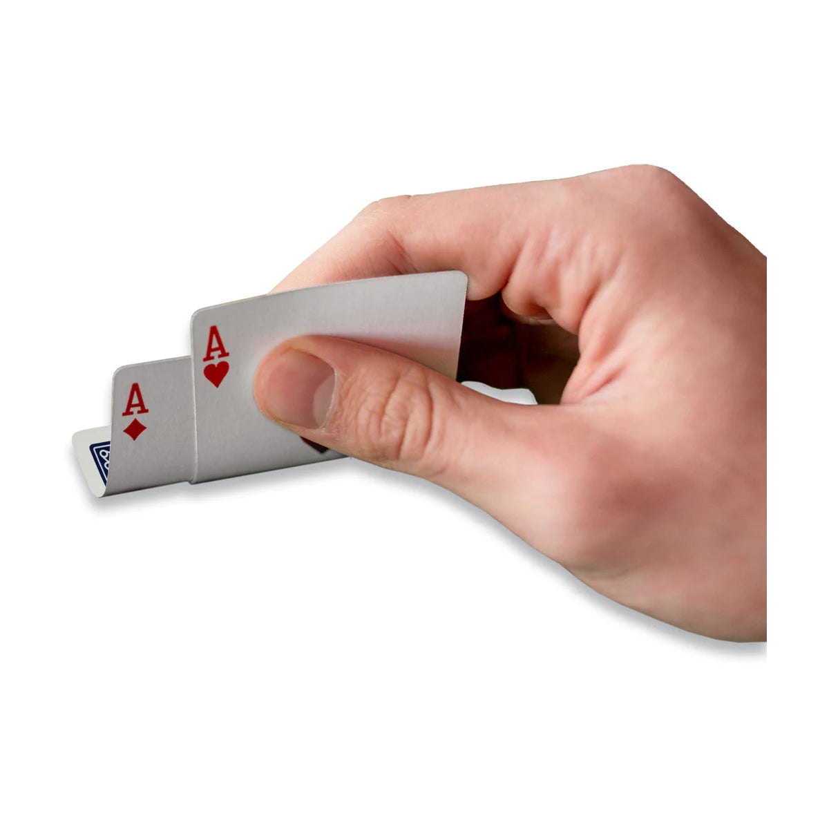 Hand holding playing cards to show flexibility and smooth handling, durable card deck