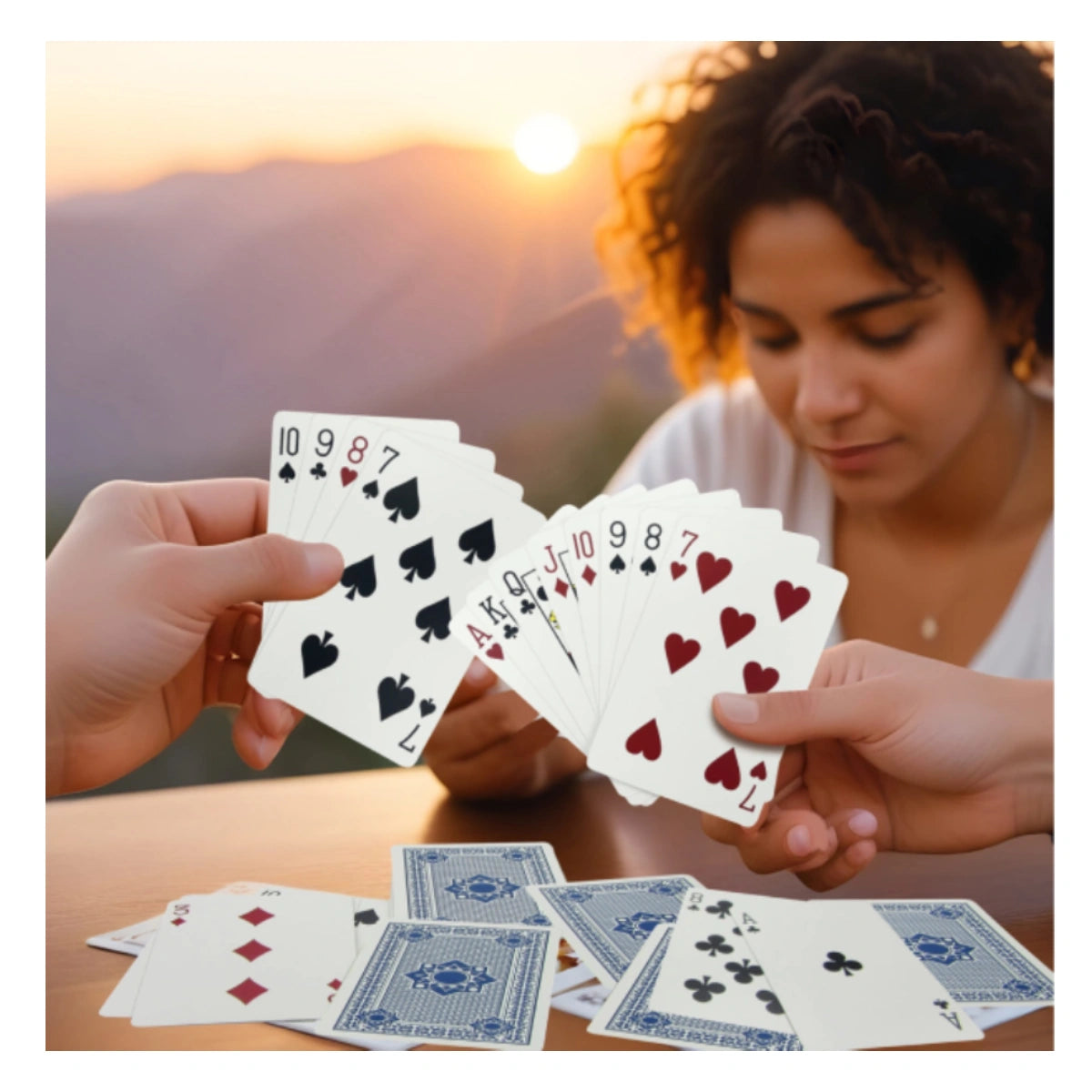 People playing cards at sunset using Royal Magic Svengali trick deck for easy card magic