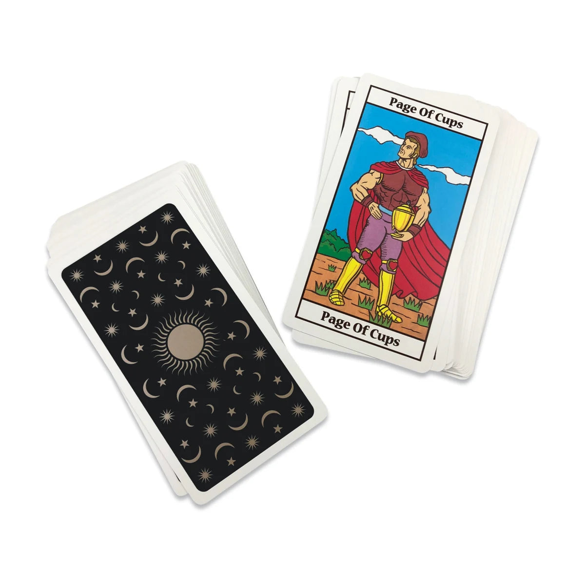 Royal Tarot Cards deck stack with Page of Cups card displayed on top