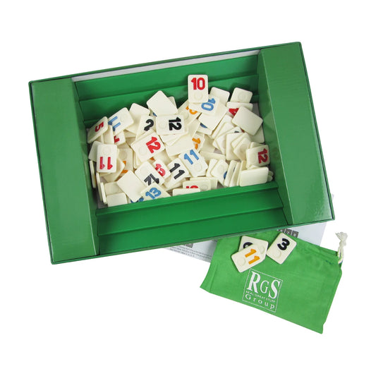 Open rummy tiles game set with 106 number tiles, racks and storage pouch on white background
