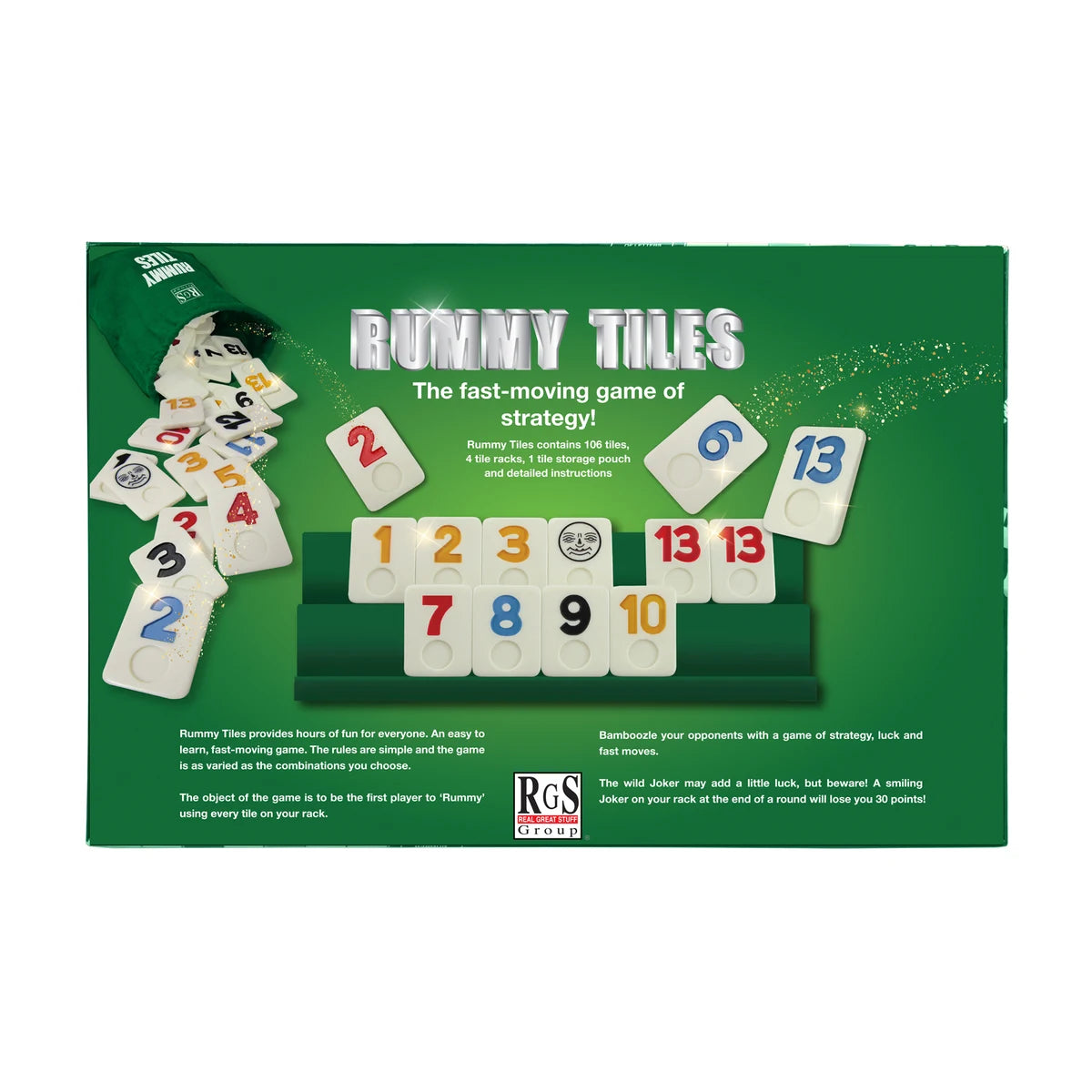 Back of rummy tiles game box with rules and product information, 106 tiles and 4 racks included