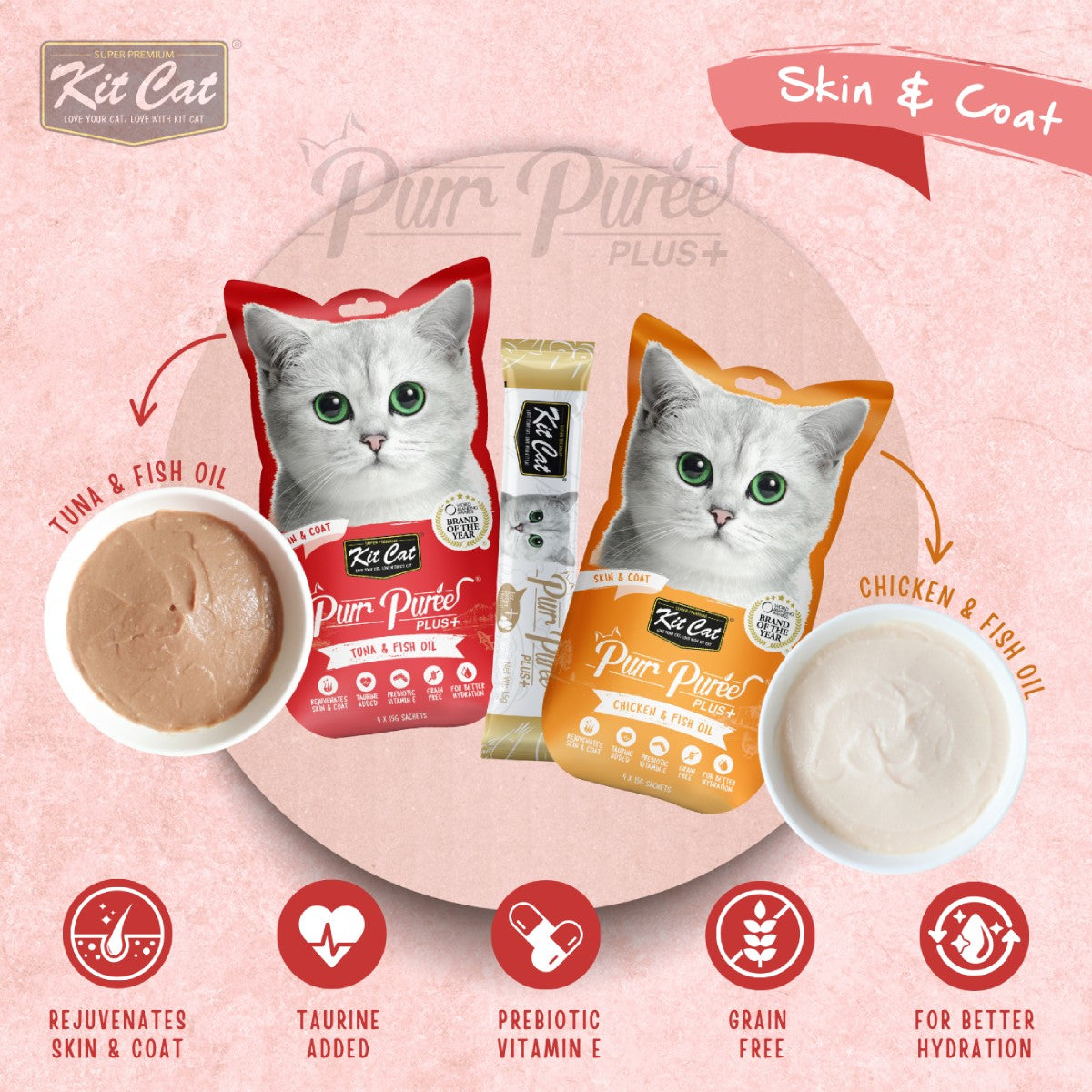 Kit Cat Purr Puree Plus+ Skin & Coat Care Chicken & Tuna Cat Treats 32 × 15 g