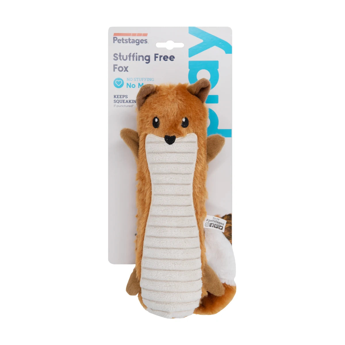 Petstages Stuffing-Free Big Squeak Fox medium plush dog toy in packaging