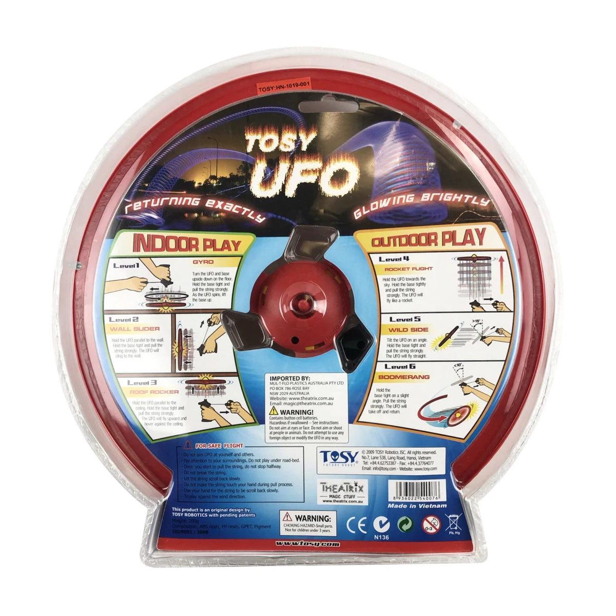 Tosy UFO U-Fly returning flying disc toy packaging back showing indoor and outdoor play modes