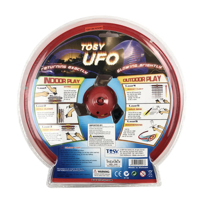 Tosy UFO U-Fly returning flying disc toy packaging back showing indoor and outdoor play modes