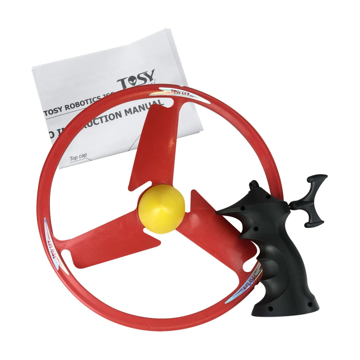 Tosy UFO U-Fly returning light-up flying disc toy with launcher and instructions on white background